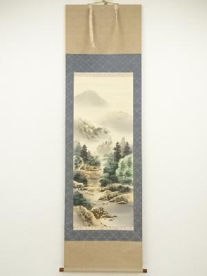 静山筆　彩色山水　肉筆絹本掛軸